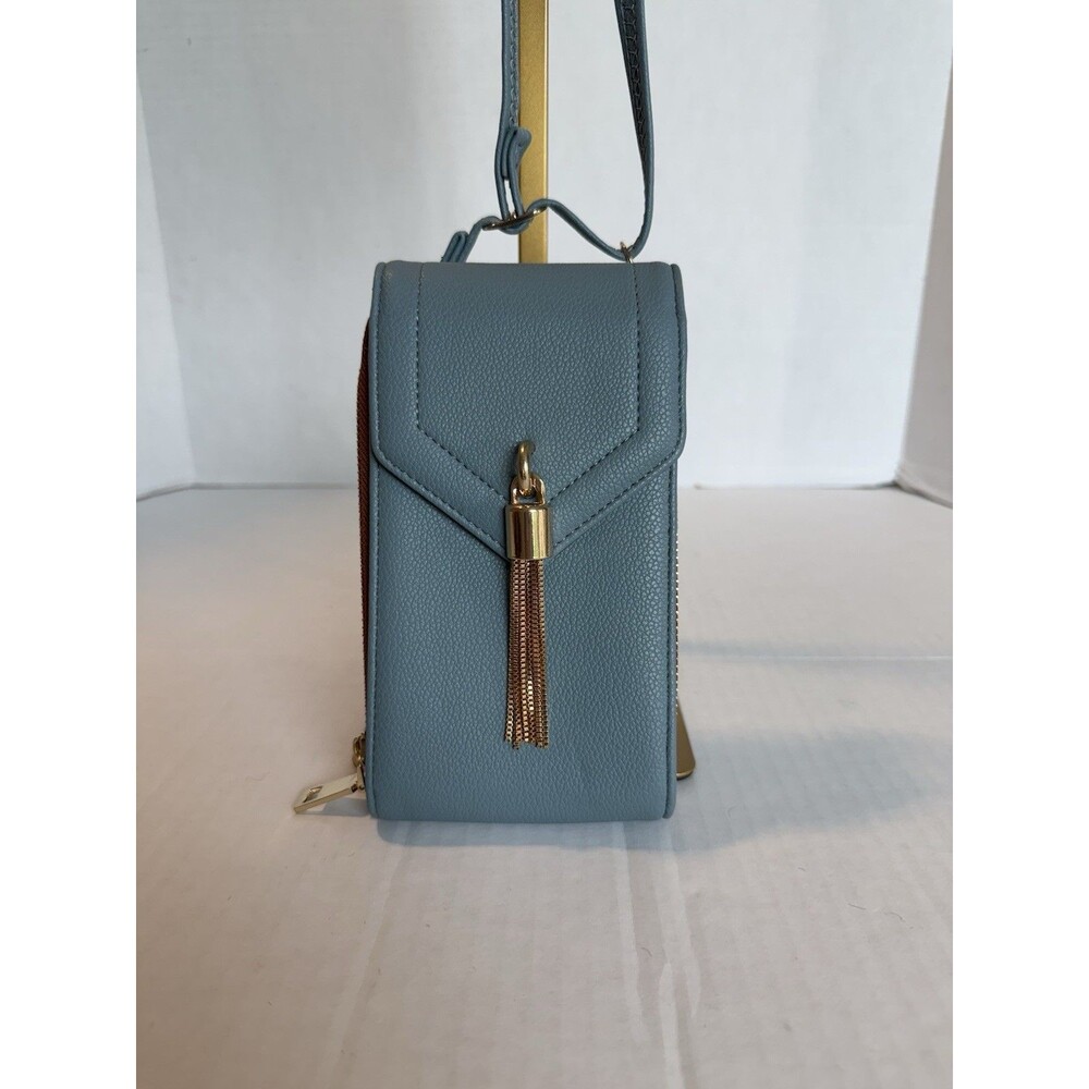 La Terre Vegan Leather South North Crossbody Purse,Denim Color,Metal Tassel Flap